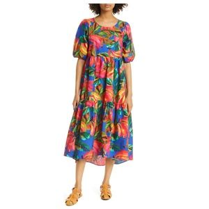 NWT Farm Rio Bananamix Puff Sleeve Midi Dress, Size S